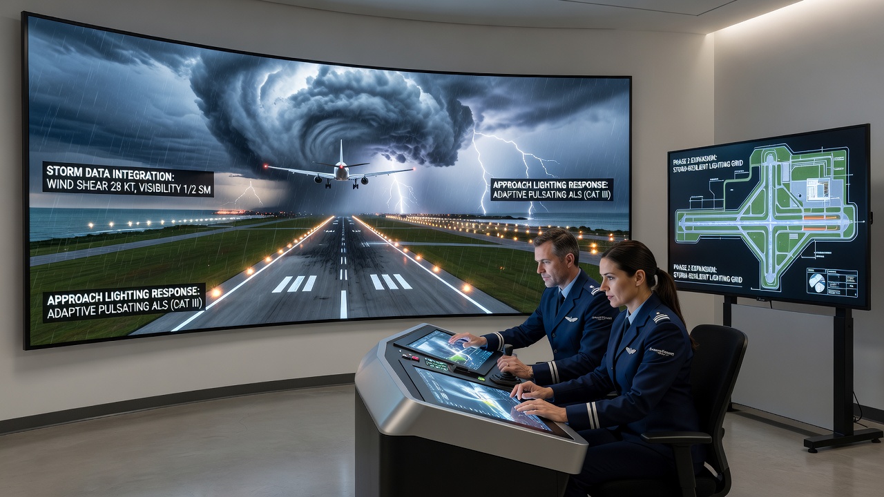 Training session showing storm data overlays on approach lighting systems during simulated hub expansion scenarios