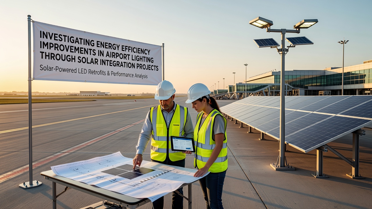 Technicians inspecting solar-powered airport lighting controls and battery storage units